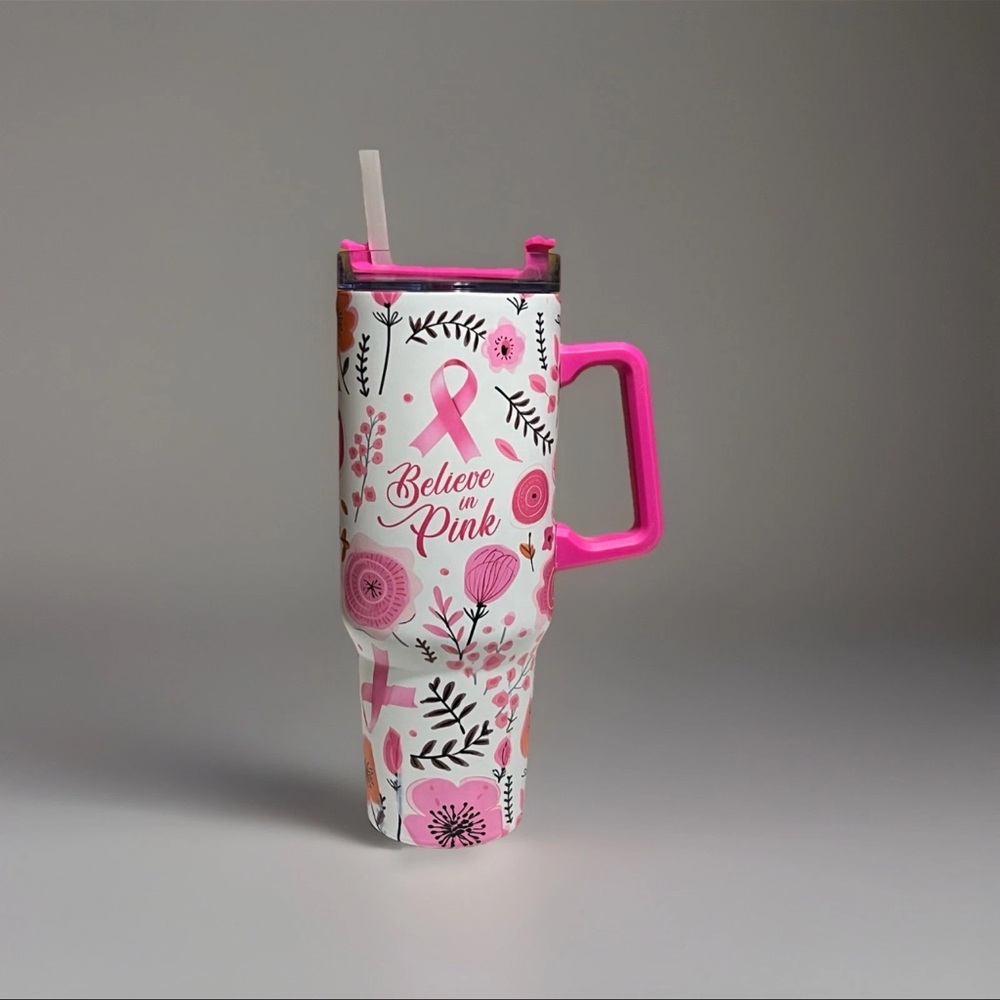 Pink Floral Breast Cancer Awareness 40oz Tumbler With Straw Believe In Pink